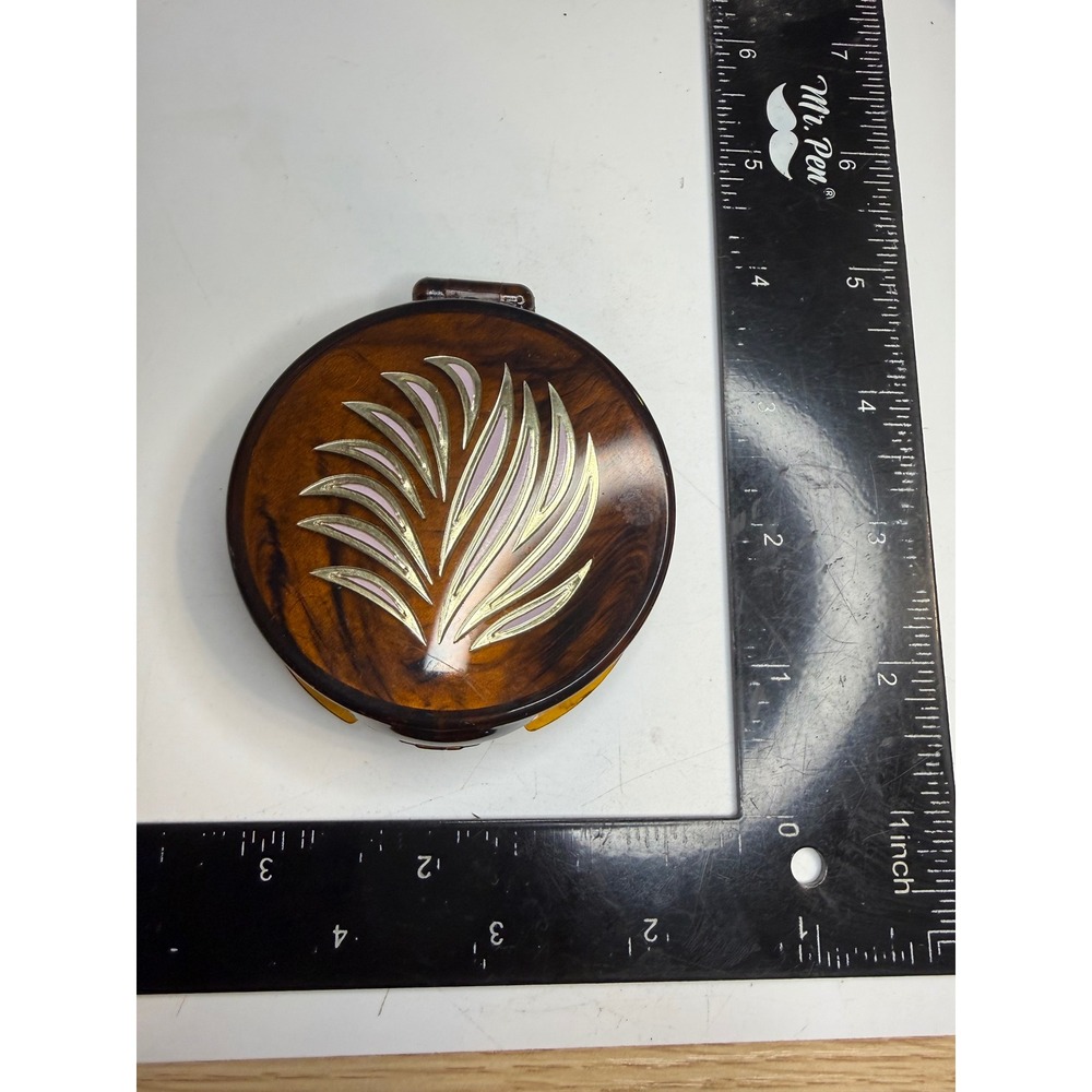 Vintage CornSilk Faux Tortoise Shell Pressed Powder Compact Gold Leaf Inlay